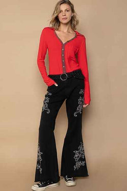 POL Raw Hem Embroidered Flare Pants