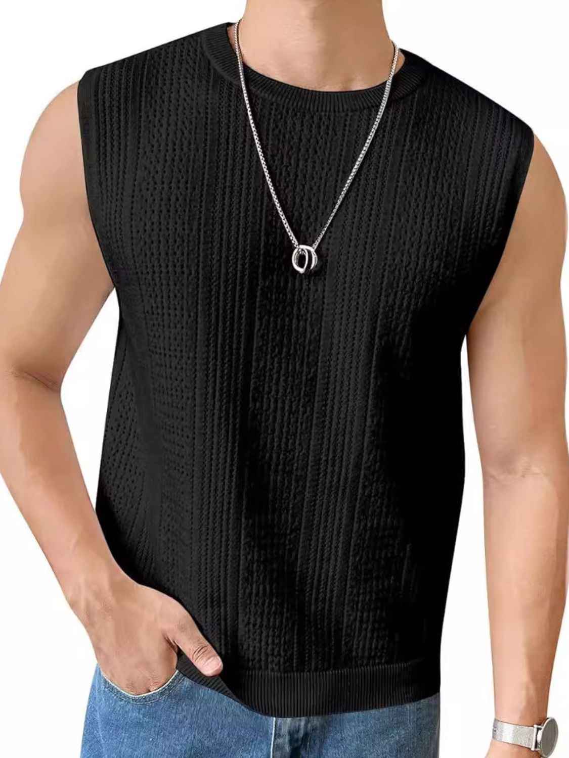 Men's Full Size Eyelet Round Neck Tank Plus Size