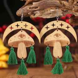 Moon & Mushroom Tassel Detail Dangle Earrings