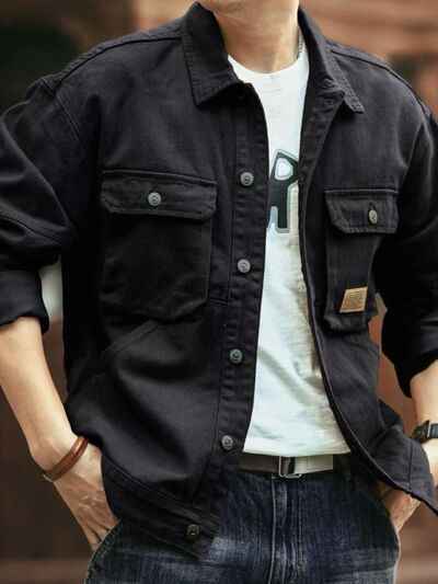 Men's Washed Collared Neck Cargo Jacket