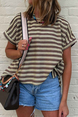 Stripe Textured Side Slit Crew Neck T-Shirt