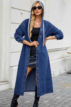 Button Up Long Sleeve Longline Hooded Denim Outerwear