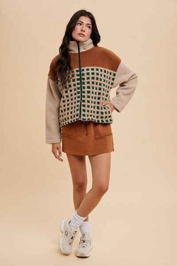 Annie Wear Plaid Zip Up Drop Shoulder Sherpa Jacket