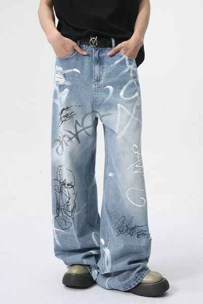 Mid Rise Graffiti Print Distressed Wide Leg Jeans