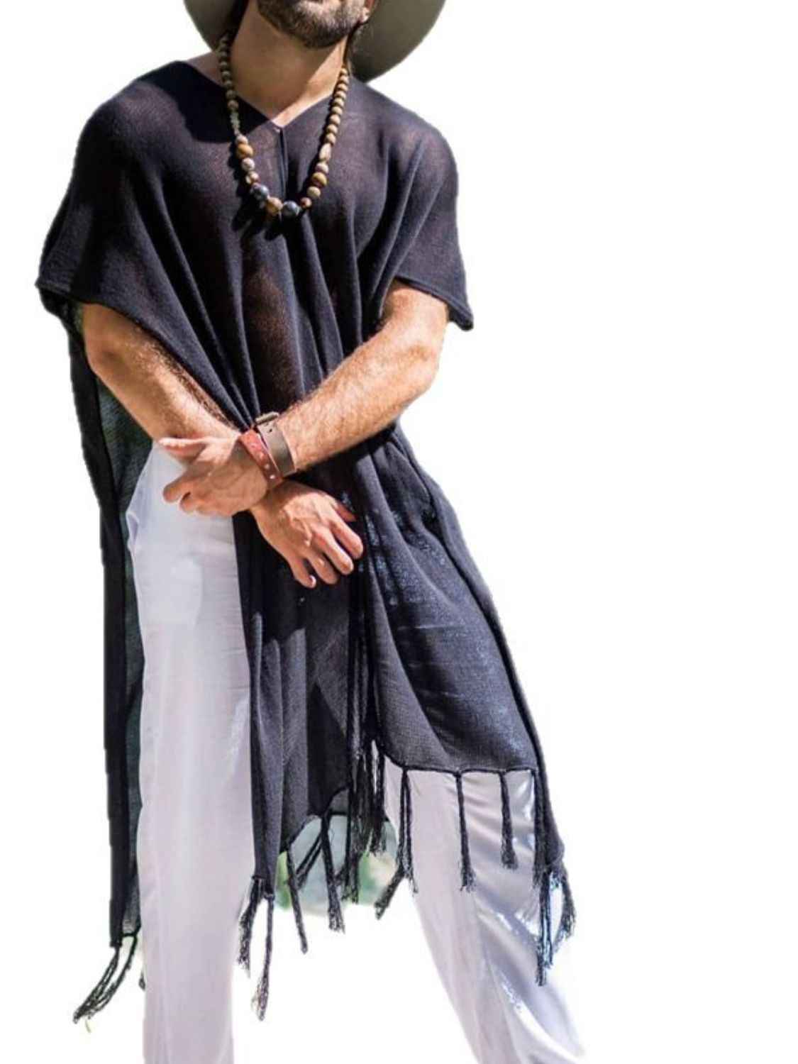 Men's Full Size Fringe V-Neck Half Sleeve Cover Up Plus Size