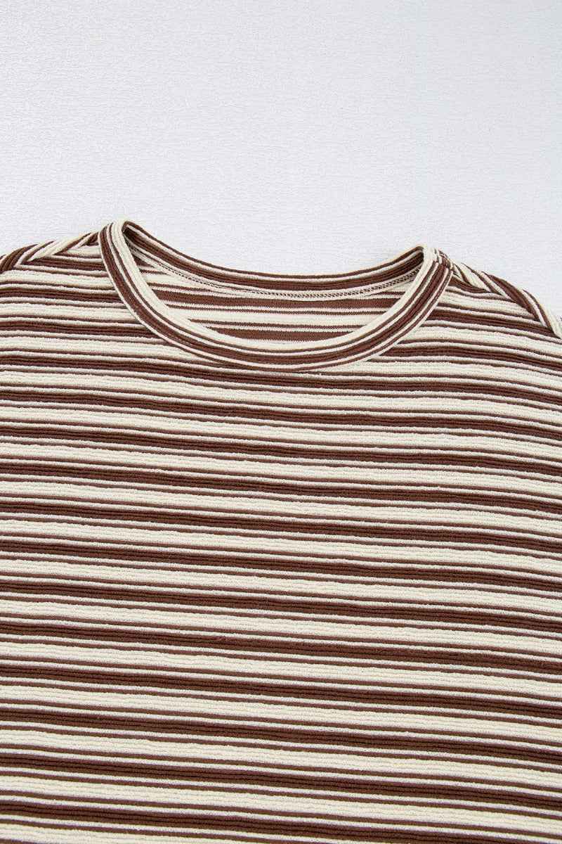 Stripe Textured Side Slit Crew Neck T-Shirt