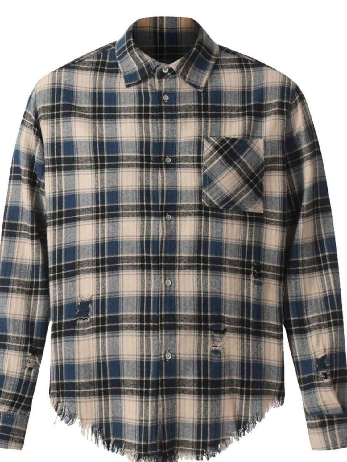 Men's Raw Hem Plaid Button Down Shirt