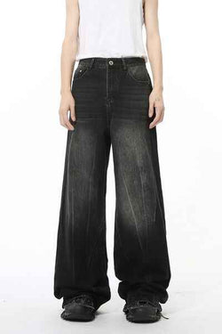 Washed Lightning Pattern Wide Leg Jeans