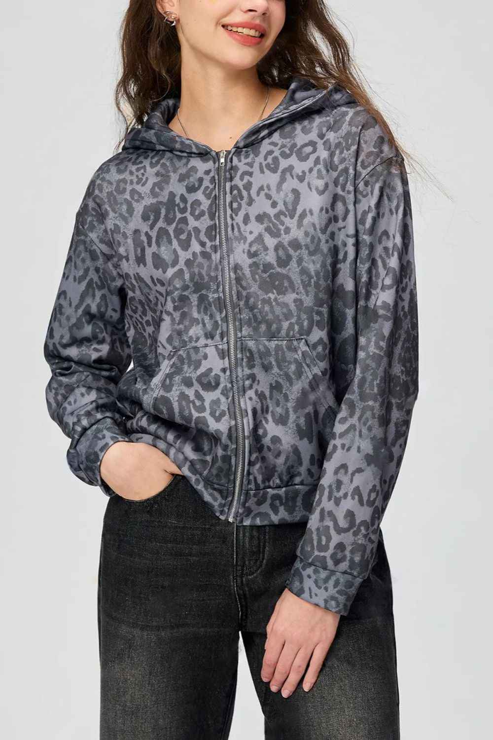 Pocketed Leopard Zip Up Hooded Jacket