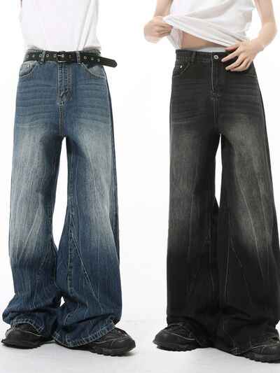 Washed Lightning Pattern Wide Leg Jeans