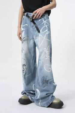 Mid Rise Graffiti Print Distressed Wide Leg Jeans