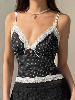 Devine Lace Detail Polka Dot V-Neck Cami