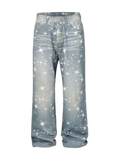 Washed Rhinestone Star Print Jeans