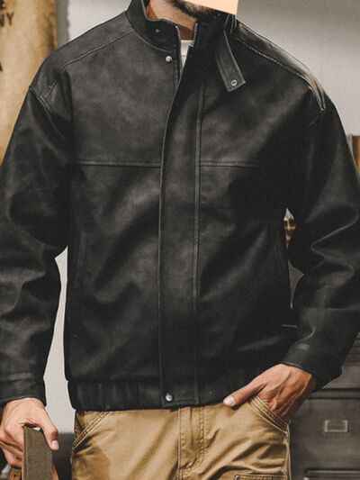 Men's Plus Size Zip Up Stand Collar Biker Jacket