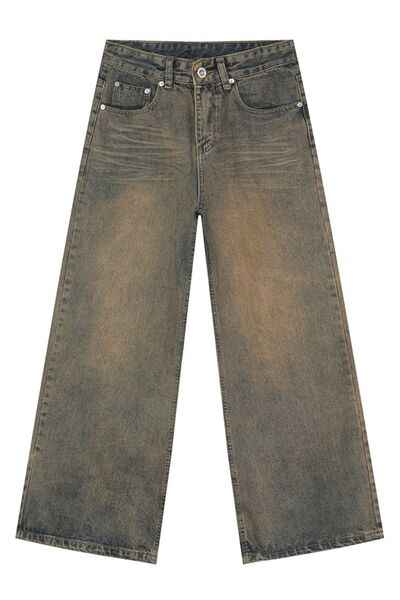 Washed Cat Whisker Straight Leg Jeans