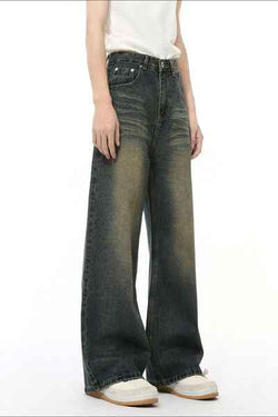 Washed Cat Whisker Straight Leg Jeans