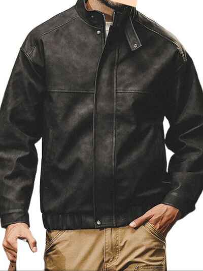 Men's Plus Size Zip Up Stand Collar Biker Jacket