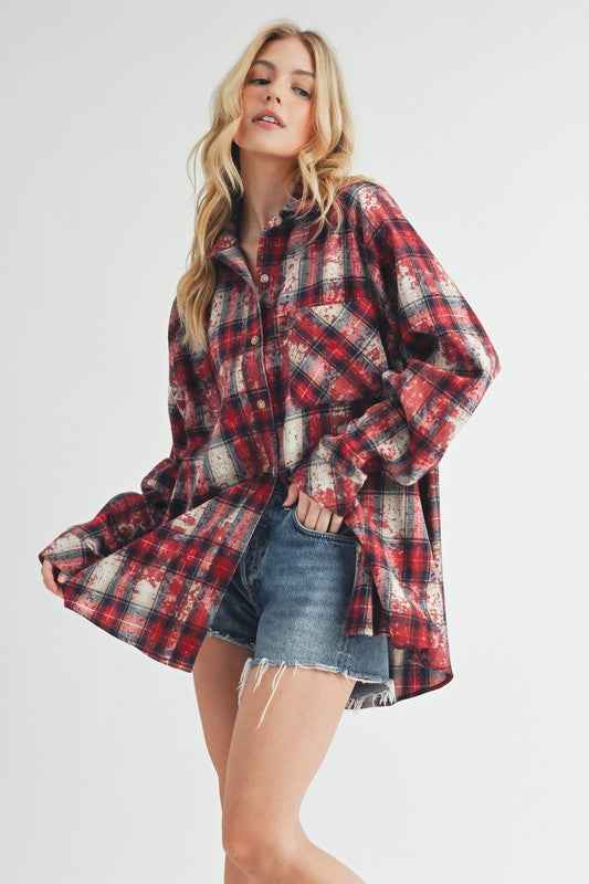 Aemi + Co Washed Plaid Button Up Raglan Sleeve Flannel Shirt