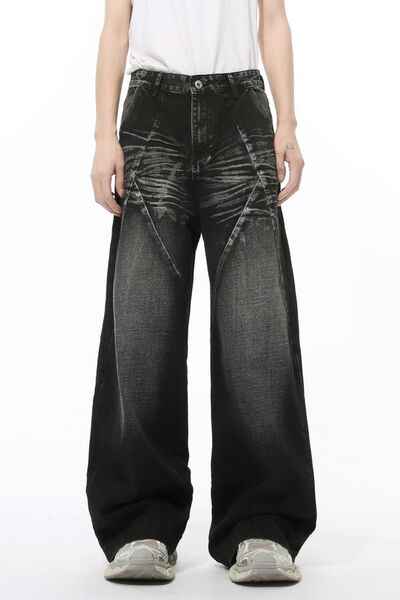 Washed Cat Whisker Straight Leg Jeans