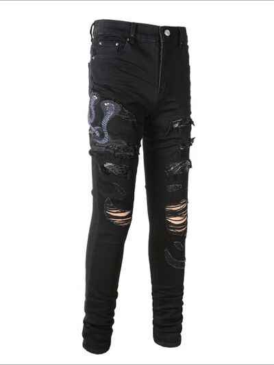 Men's Washed Snake Embroidered Slim Jeans