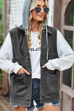 Sleeveless Denim Top with A Detachable Hood