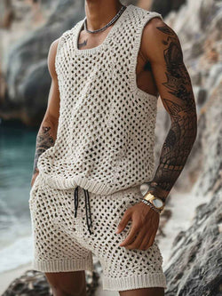 Men's Plus Size Hollow Out Round Neck Tank and Shorts Set