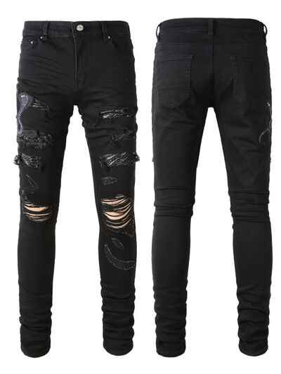 Men's Washed Snake Embroidered Slim Jeans