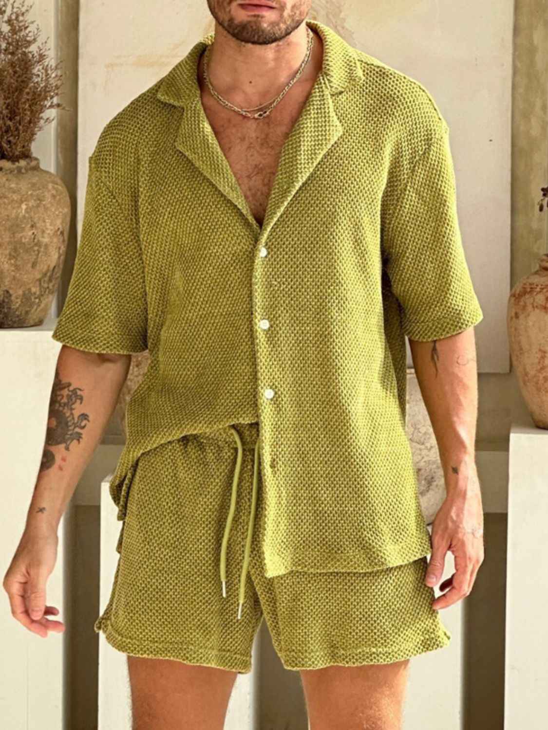 Men's Plus Size Button Down Half Sleeve Top and Shorts Set