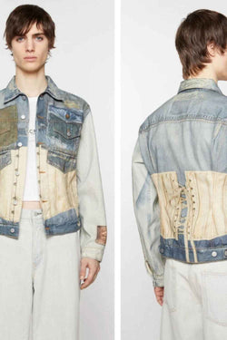 Men's Lace Up Back Button Up Denim Jacket