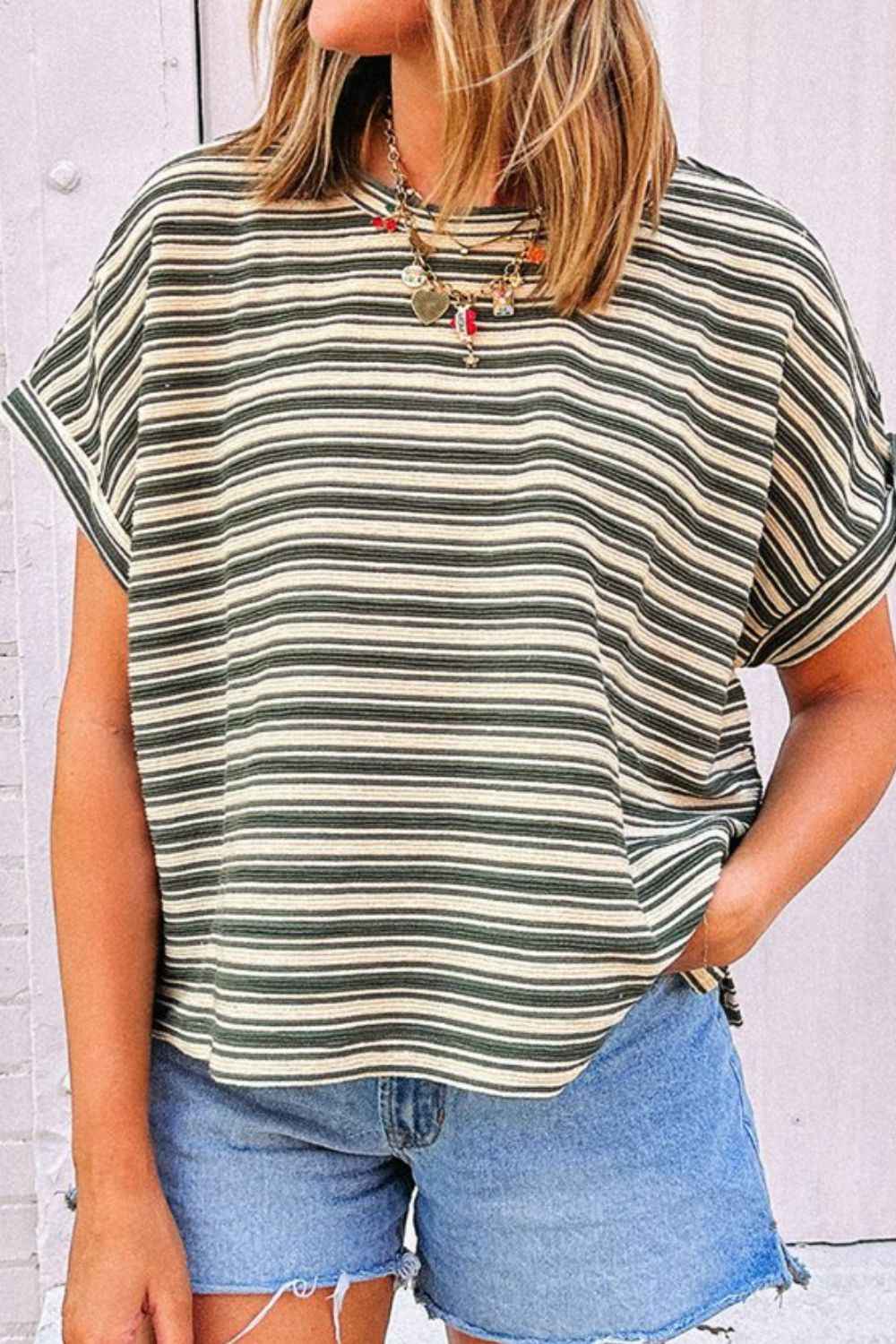 Stripe Textured Side Slit Crew Neck T-Shirt