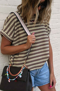 Stripe Textured Side Slit Crew Neck T-Shirt