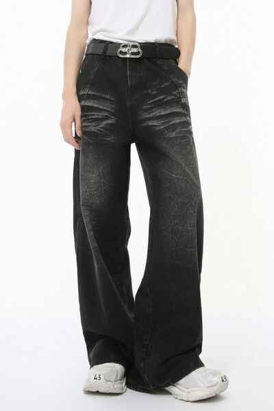 Washed Cat Whiskered Wide Leg Jeans