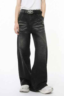 Washed Cat Whiskered Wide Leg Jeans