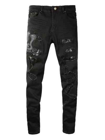 Men's Washed Snake Embroidered Slim Jeans