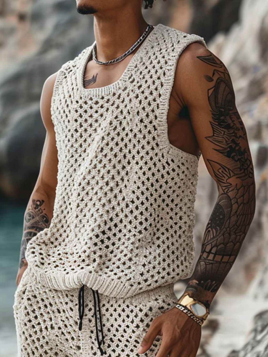 Men's Plus Size Hollow Out Round Neck Tank and Shorts Set