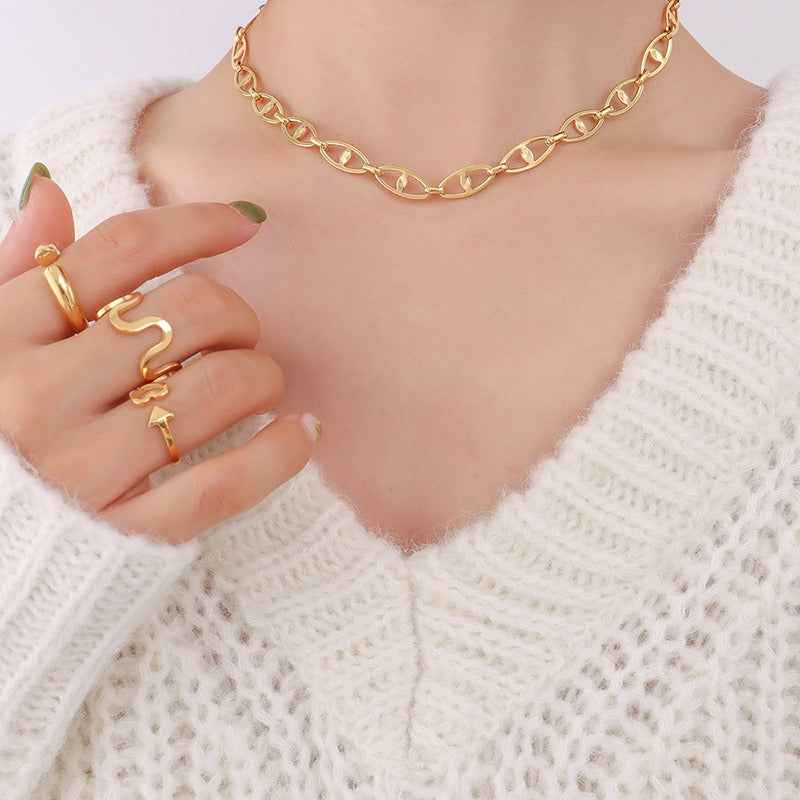 18K Gold Geometric Design Luxury Bracelet Necklace Set