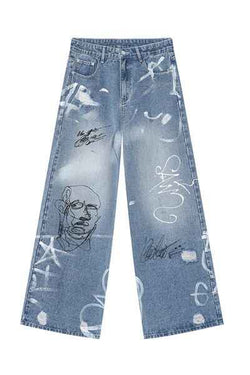 Mid Rise Graffiti Print Distressed Wide Leg Jeans