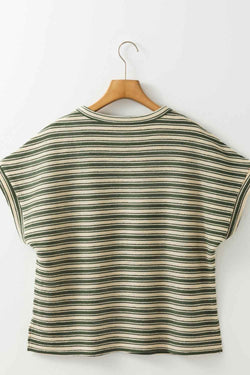 Stripe Textured Side Slit Crew Neck T-Shirt