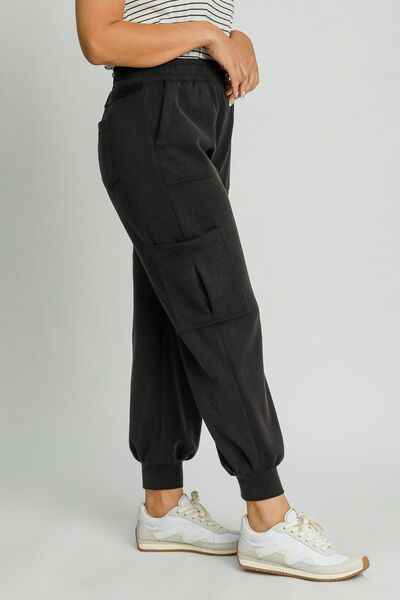 Umgee Full Size Mineral Washed Elastic Waist Cargo Pants Plus Size