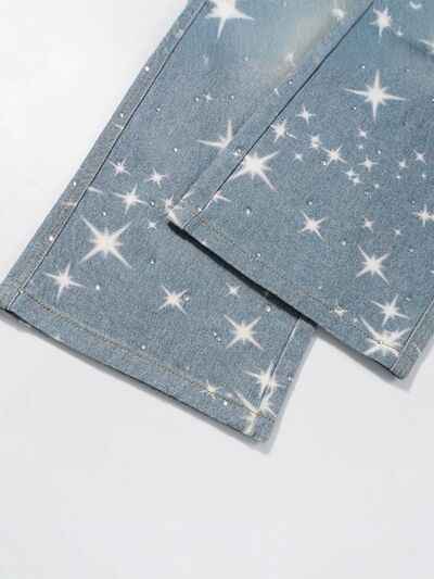 Washed Rhinestone Star Print Jeans