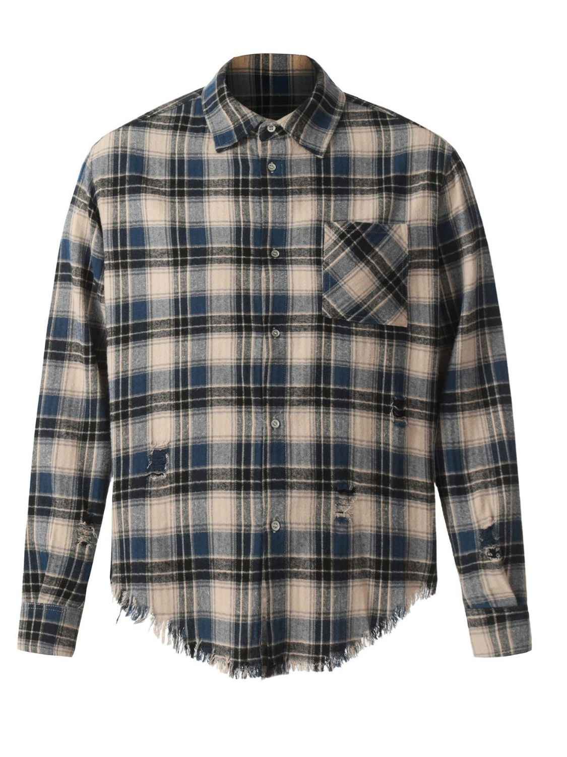 Men's Raw Hem Plaid Button Down Shirt