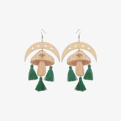 Moon & Mushroom Tassel Detail Dangle Earrings