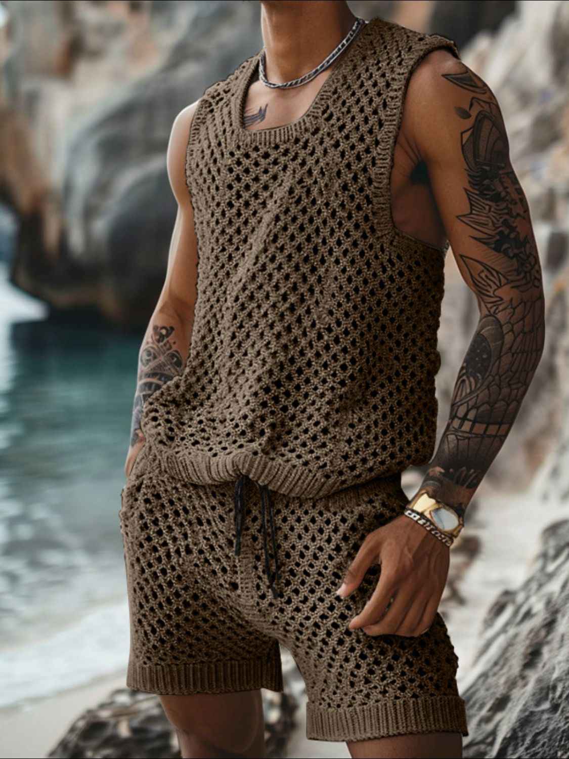 Men's Plus Size Hollow Out Round Neck Tank and Shorts Set