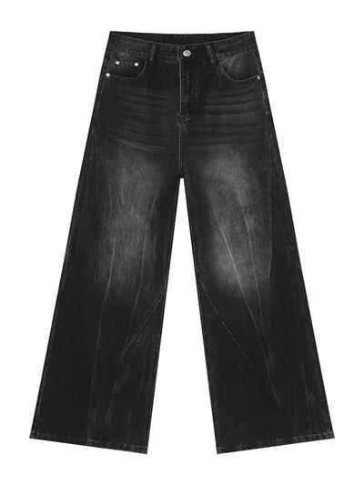 Washed Lightning Pattern Wide Leg Jeans