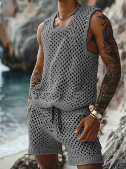 Men's Plus Size Hollow Out Round Neck Tank and Shorts Set