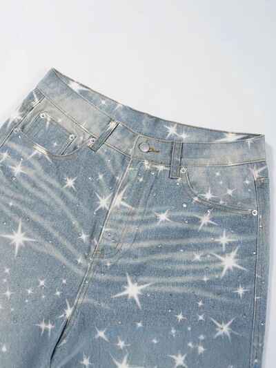 Washed Rhinestone Star Print Jeans