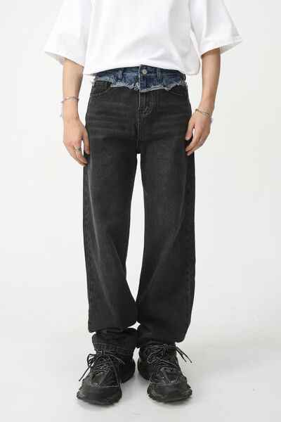 Men's Spliced Raw Hem Straight Leg Jeans