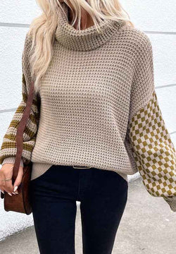 Striped & Checkered Turtleneck Dropped Shoulder Sweater