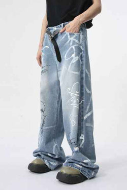 Mid Rise Graffiti Print Distressed Wide Leg Jeans