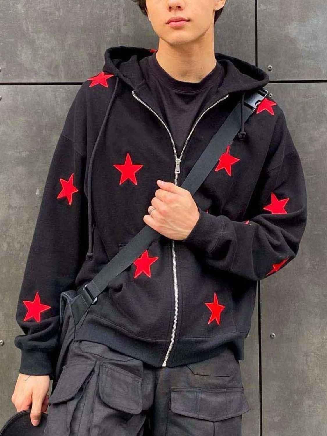 Men's Contrast Star Hooded Zip Up Hoodie